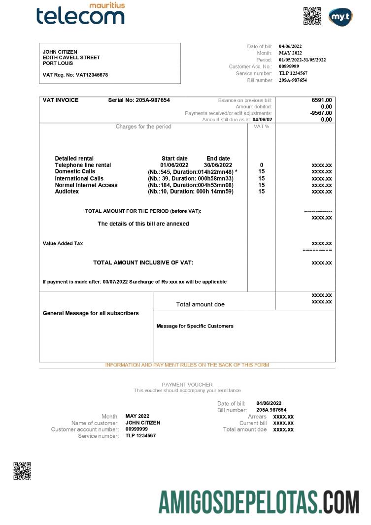 Para baixar modelo de conta de serviços públicos da Mauritius Telecom Mauritius em formato Word e PDF